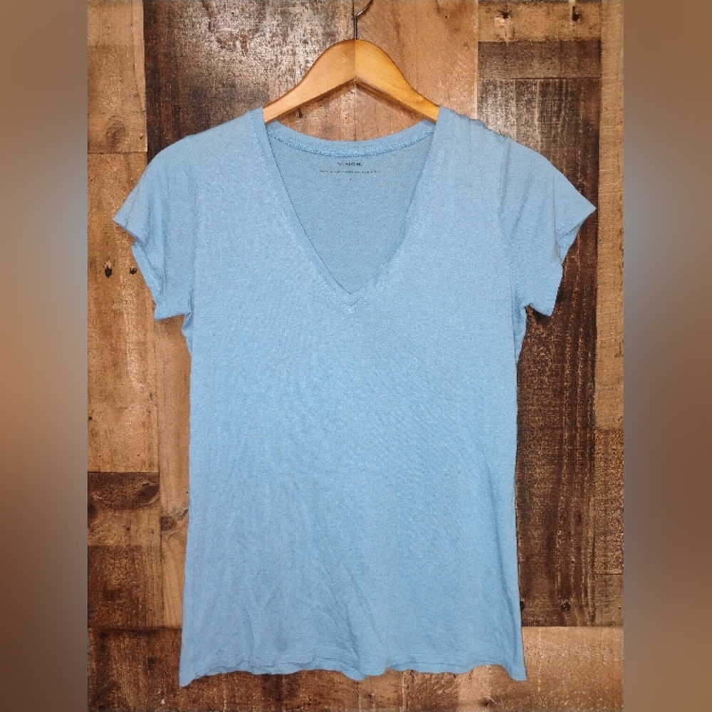 VINCE Pima Cotton Modal V-Neck Women's Short Sleeve Top Tee Size Small Blue